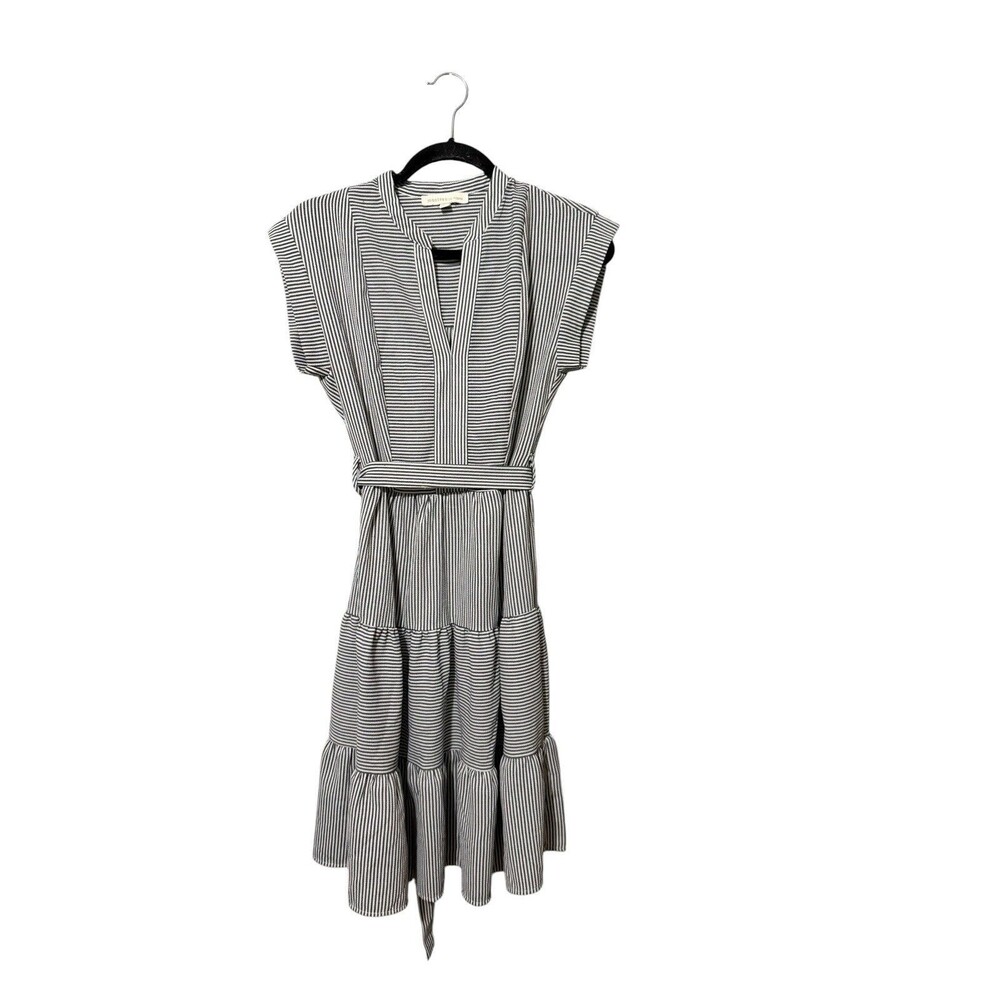 Monteau Los Angeles Striped Tiered Dress Belted Short Sleeve Size S